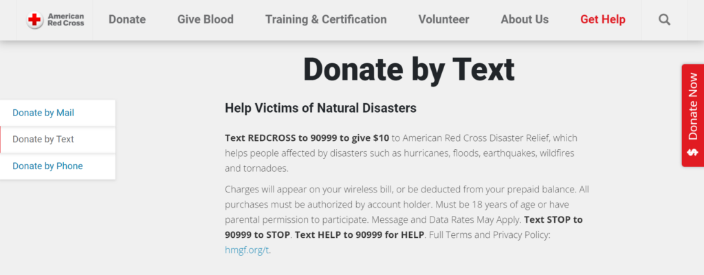 This image shows text-to-donate program information on the American Red Cross’s website.]
