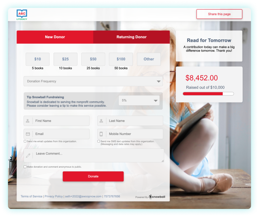 Snowball Fundraising’s campaign forms accept all major credit cards (Visa, MasterCard, American Express and Discover), plus Apple Pay and Google Pay digital wallets are coming soon! Whichever your supporters choose, it’s convenient to make one-time and recurring donations, buy tickets or pay for auction items.